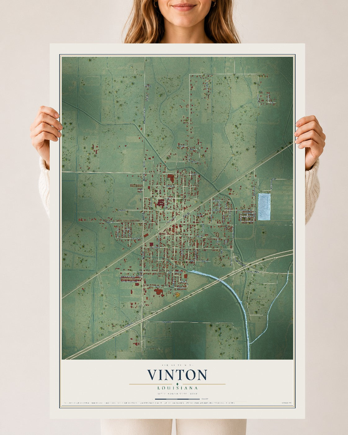 Map of Vinton, Louisiana, 24 x 36 inch unframed archival matte print