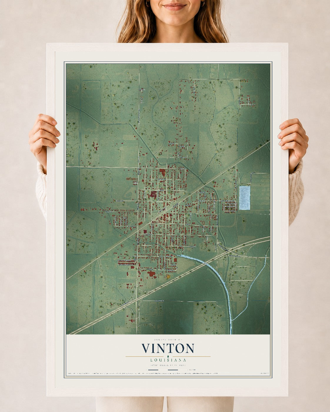 Map of Vinton, Louisiana, 24 x 36 inch print in a white wood frame