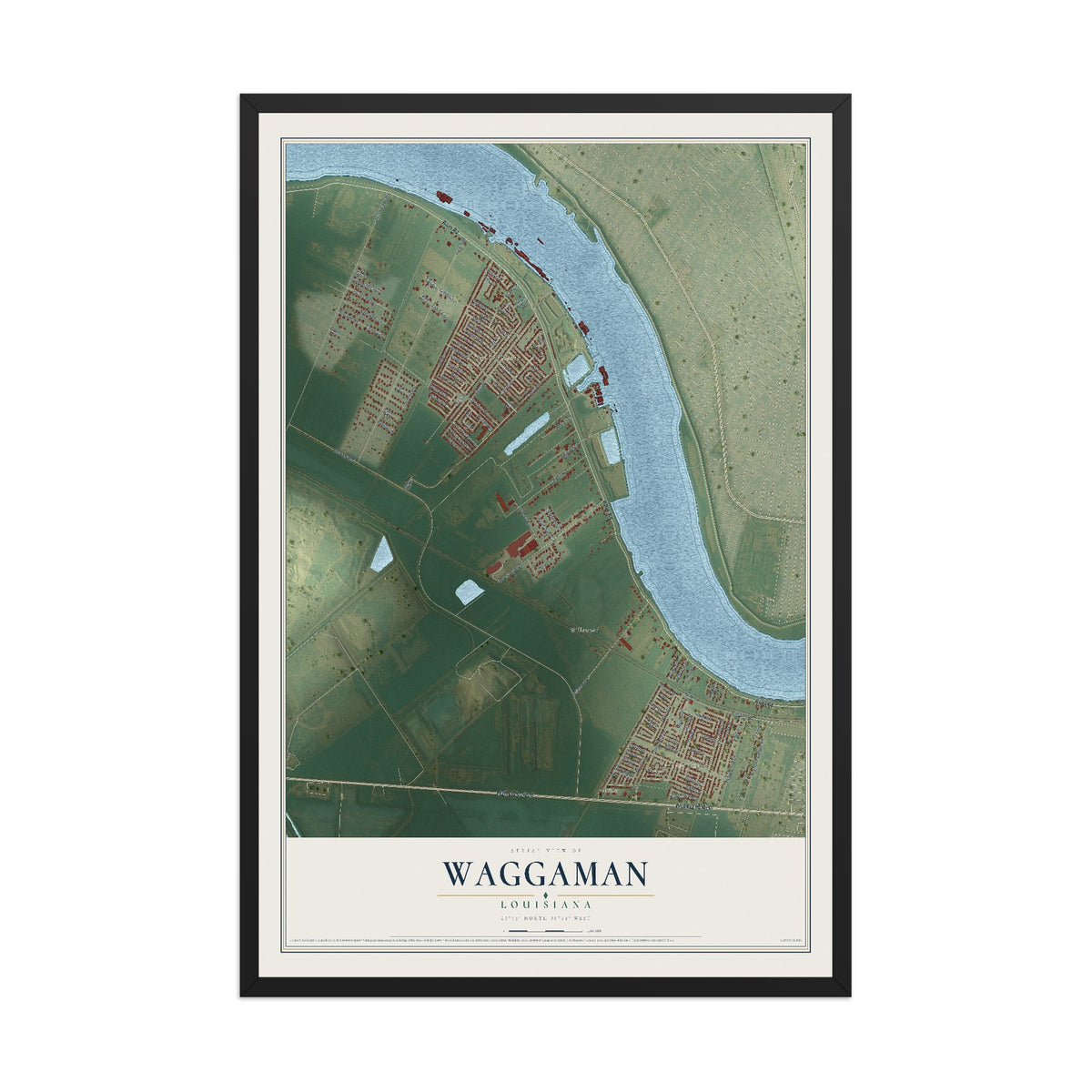 Map of Waggaman, Louisiana, 12 x 18 inch print in a black wood frame