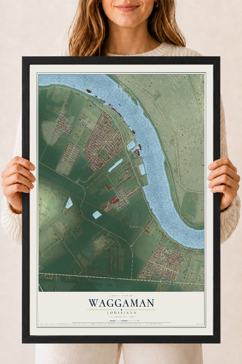 Map of Waggaman, Louisiana, 18 x 24 inch print in a black wood frame