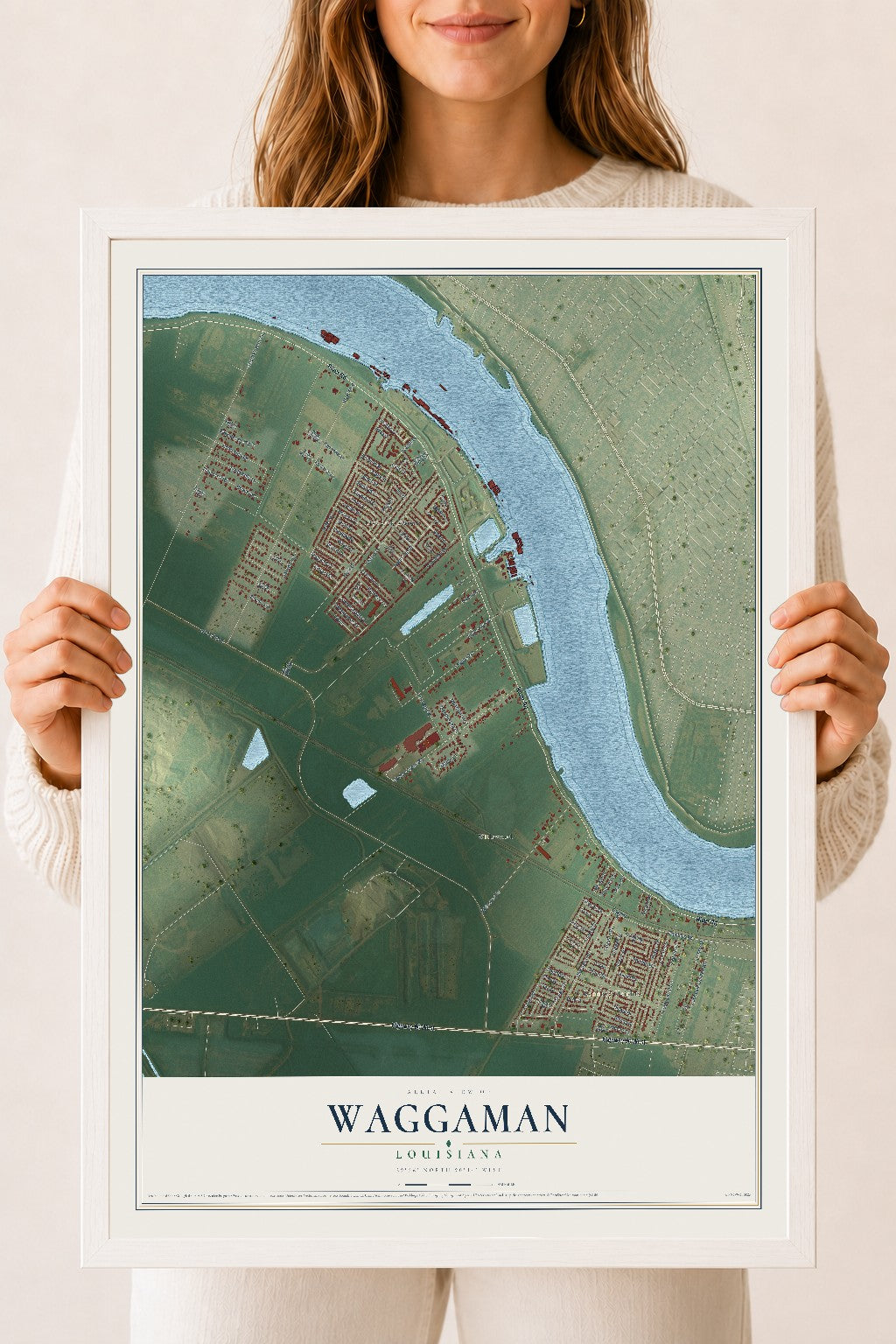 Map of Waggaman, Louisiana, 18 x 24 inch print in a white wood frame
