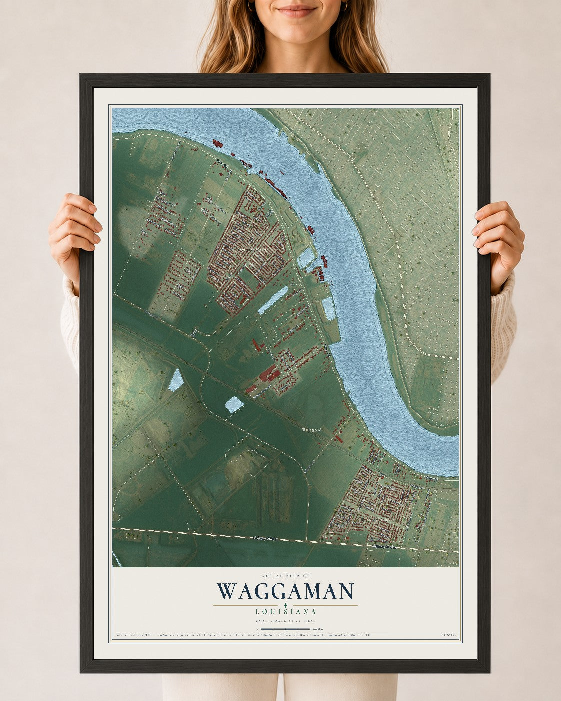 Map of Waggaman, Louisiana, 24 x 36 inch print in a black wood frame