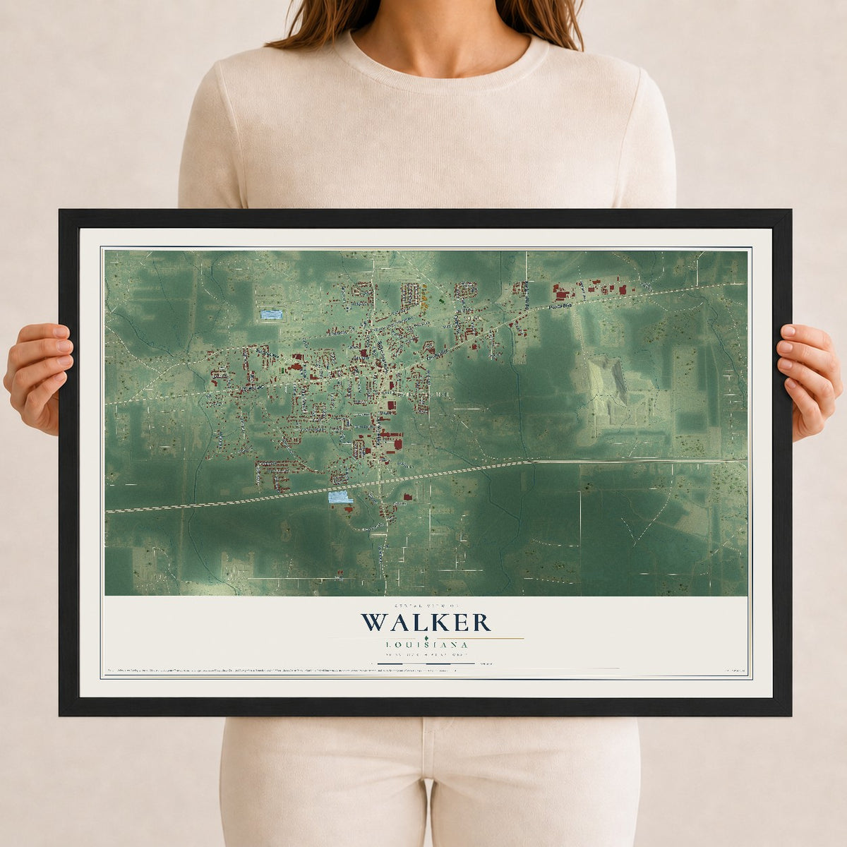 Map of Walker, Louisiana, 12 x 18 inch print in a black wood frame