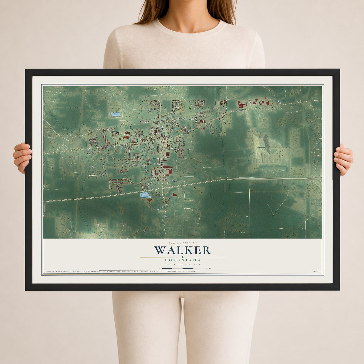 Map of Walker, Louisiana, 24 x 36 inch print in a black wood frame
