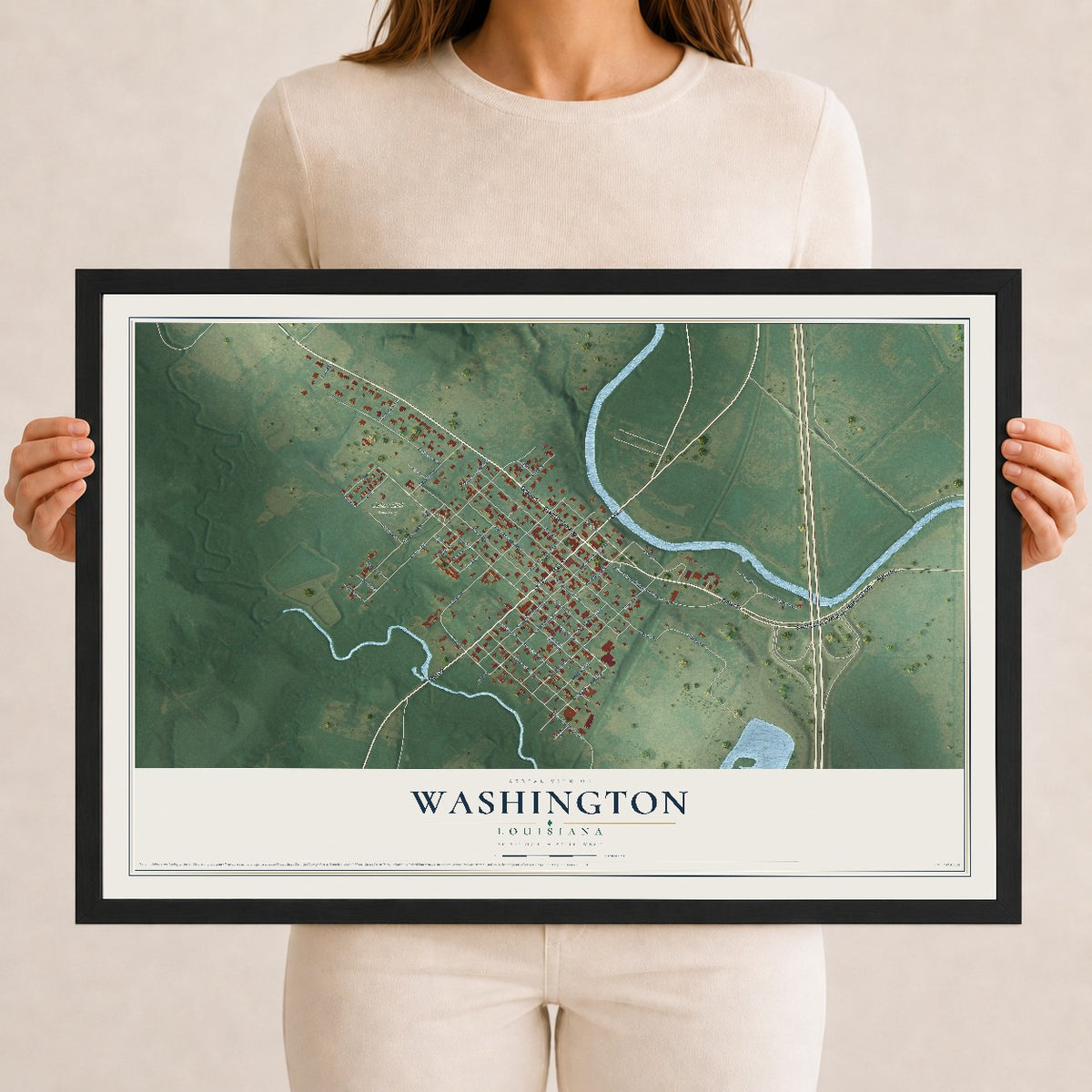 Map of Washington, Louisiana, 12 x 18 inch print in a black wood frame