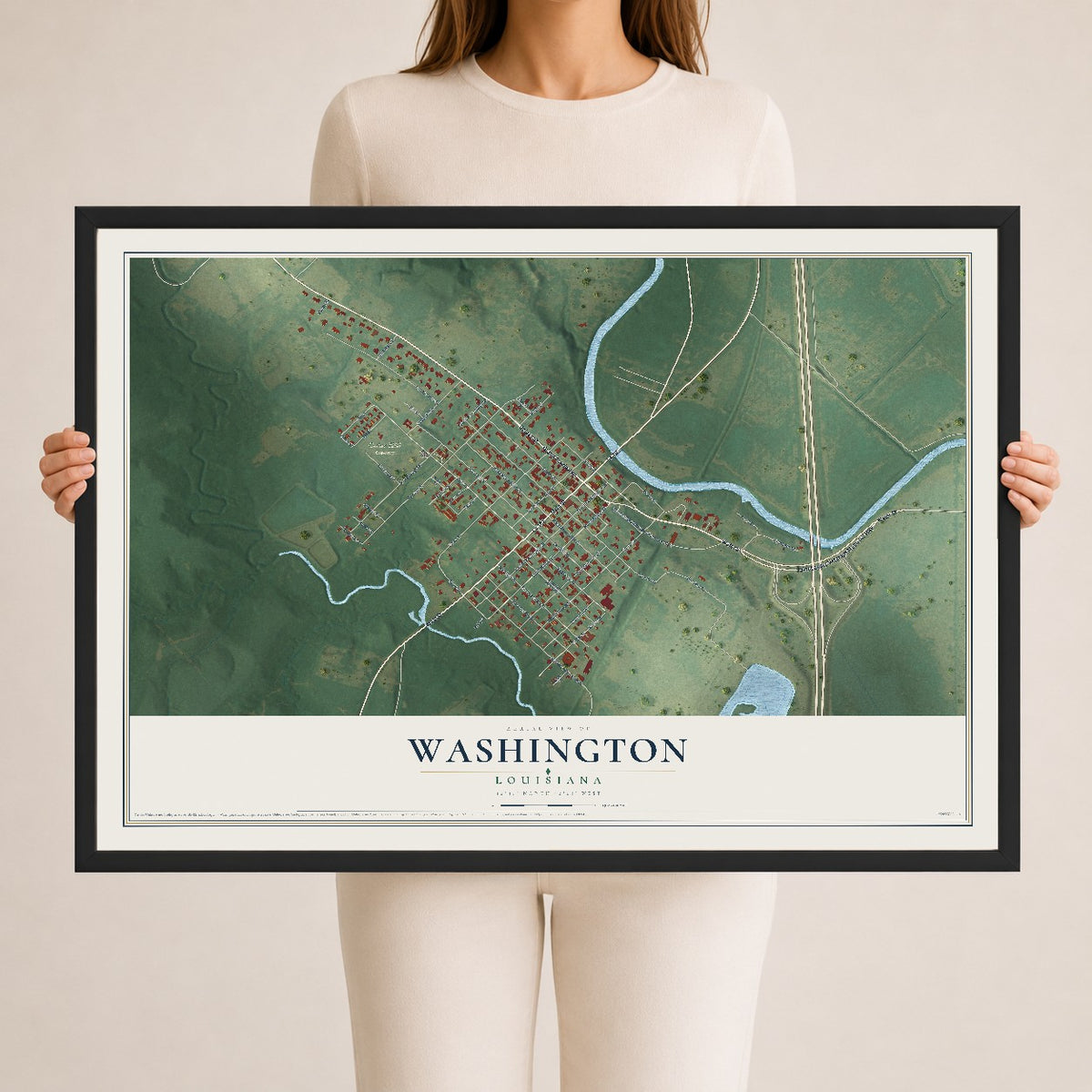 Map of Washington, Louisiana, 24 x 36 inch print in a black wood frame
