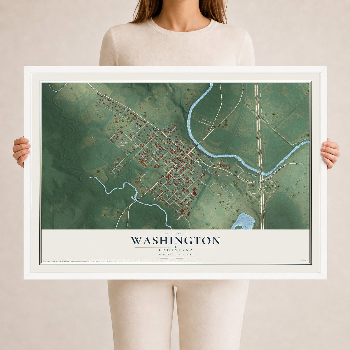 Map of Washington, Louisiana, 24 x 36 inch print in a white wood frame