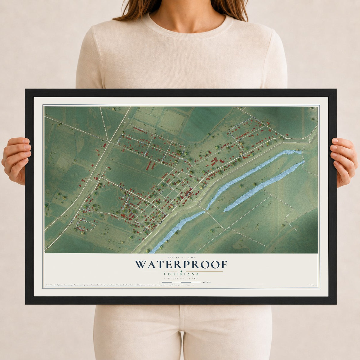 Map of Waterproof, Louisiana, 12 x 18 inch print in a black wood frame