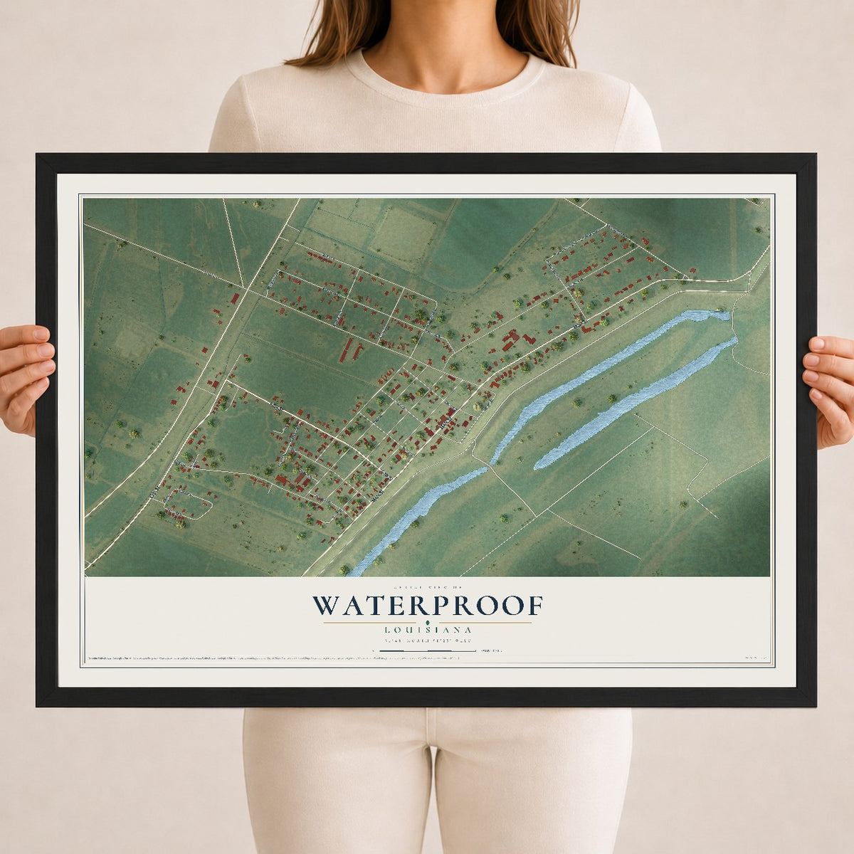 Map of Waterproof, Louisiana, 18 x 24 inch print in a black wood frame