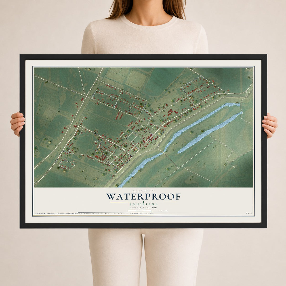 Map of Waterproof, Louisiana, 24 x 36 inch print in a black wood frame