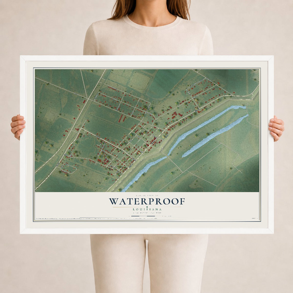 Map of Waterproof, Louisiana, 24 x 36 inch print in a white wood frame