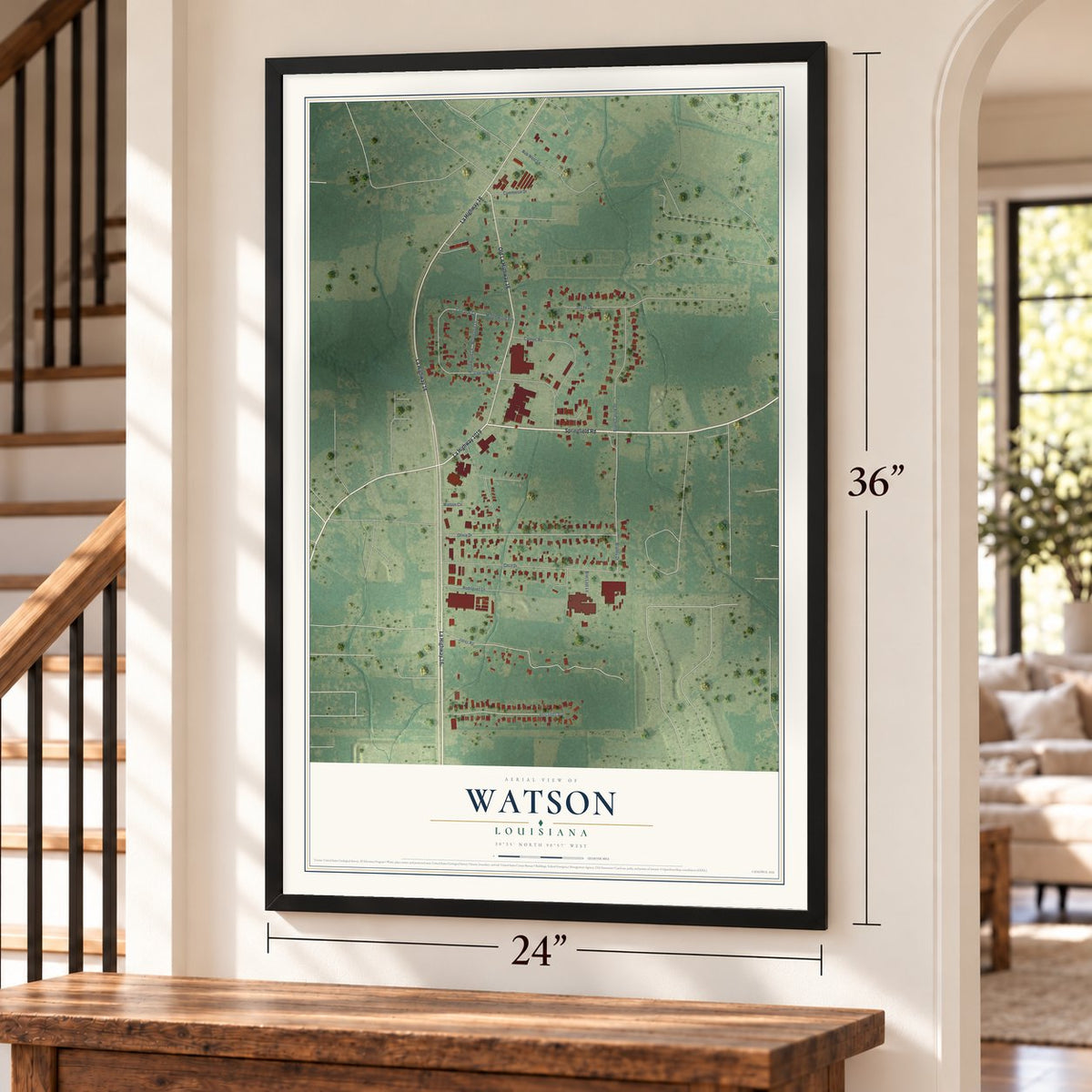 Watson, Louisiana map, 24 x 36 inch print in a black frame by a staircase
