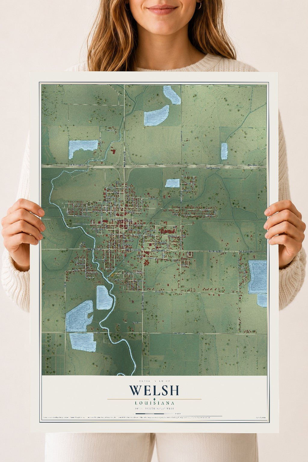 Map of Welsh, Louisiana, 18 x 24 inch unframed archival matte print