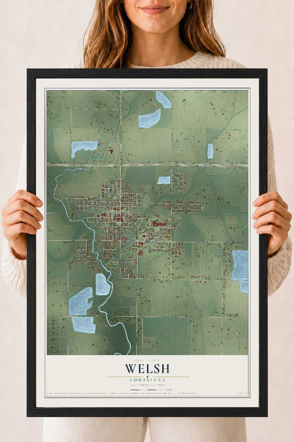 Map of Welsh, Louisiana, 18 x 24 inch print in a black wood frame