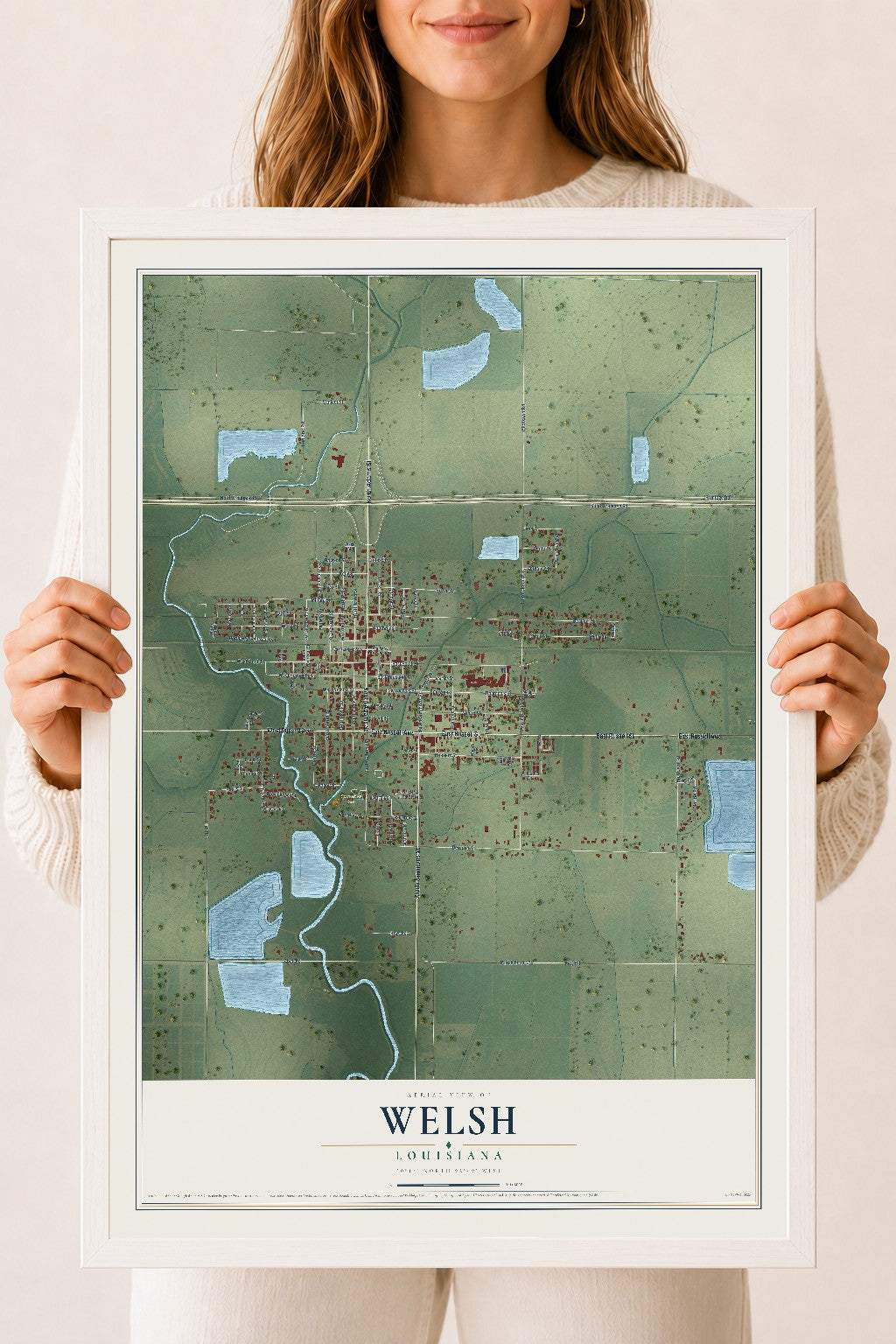 Map of Welsh, Louisiana, 18 x 24 inch print in a white wood frame