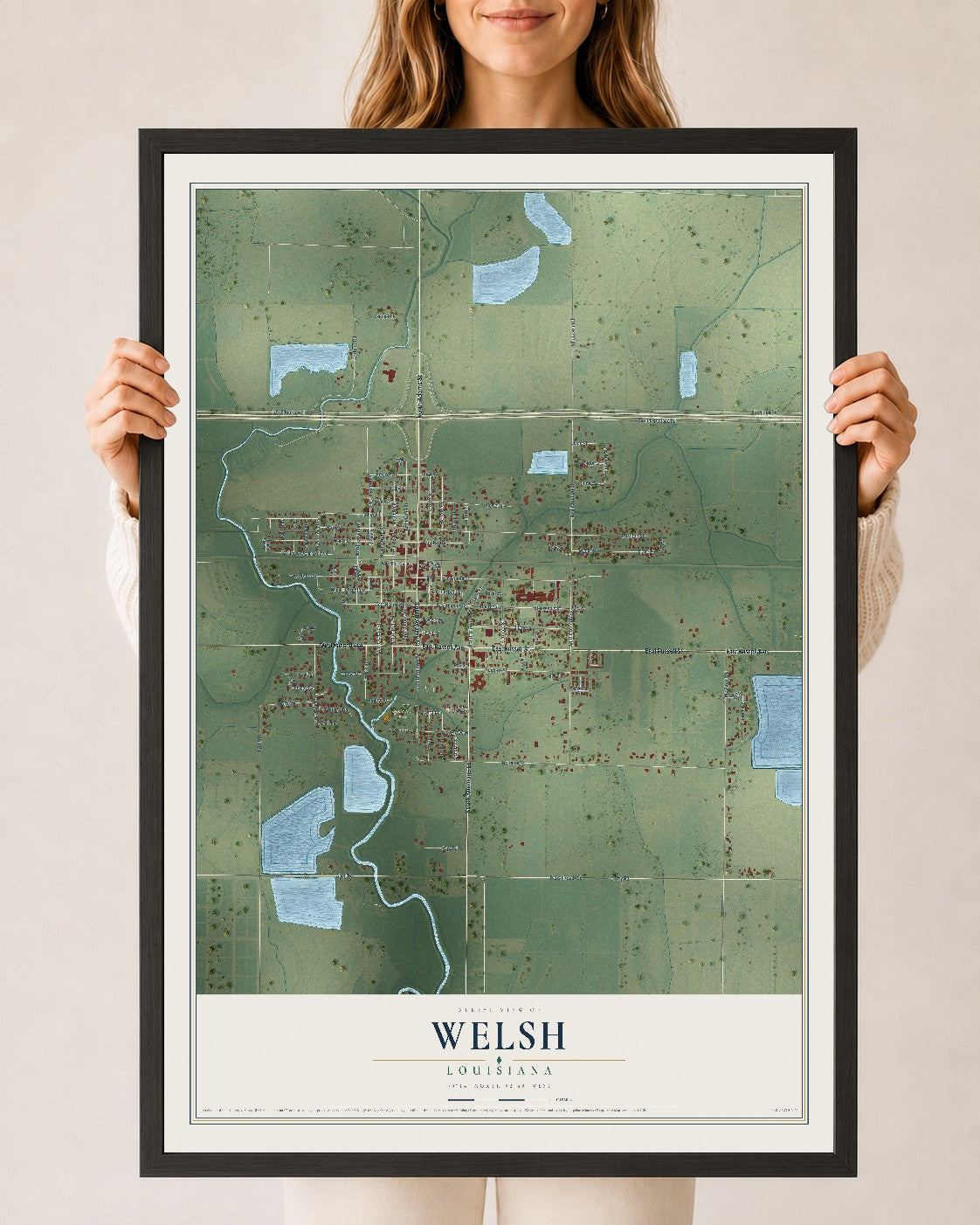 Map of Welsh, Louisiana, 24 x 36 inch print in a black wood frame
