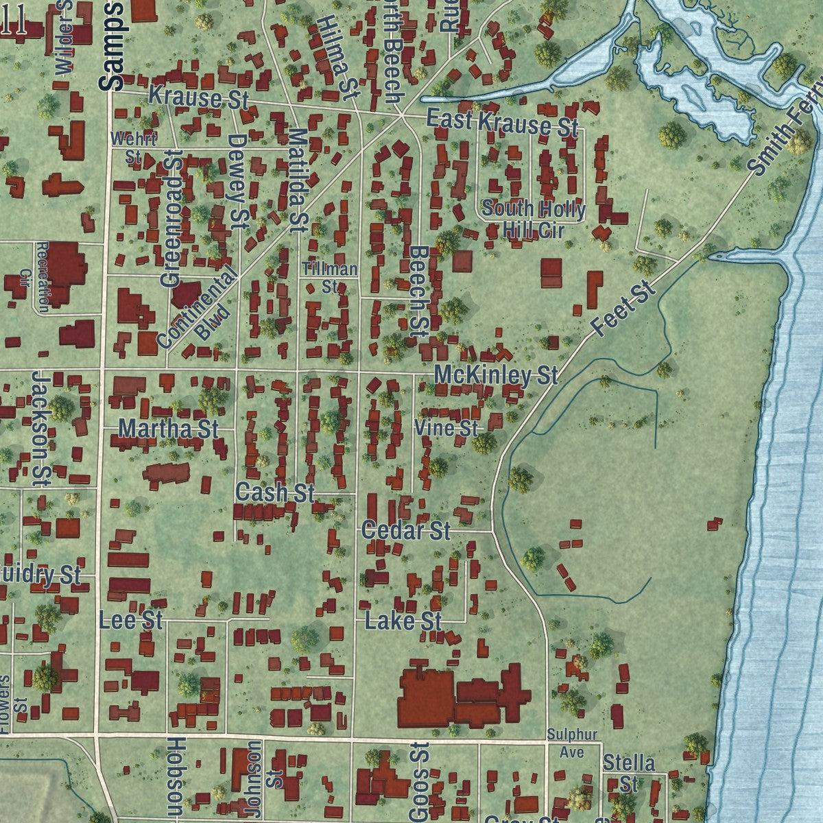 Second close-up of the map of Westlake, Louisiana print showing more streets and buildings