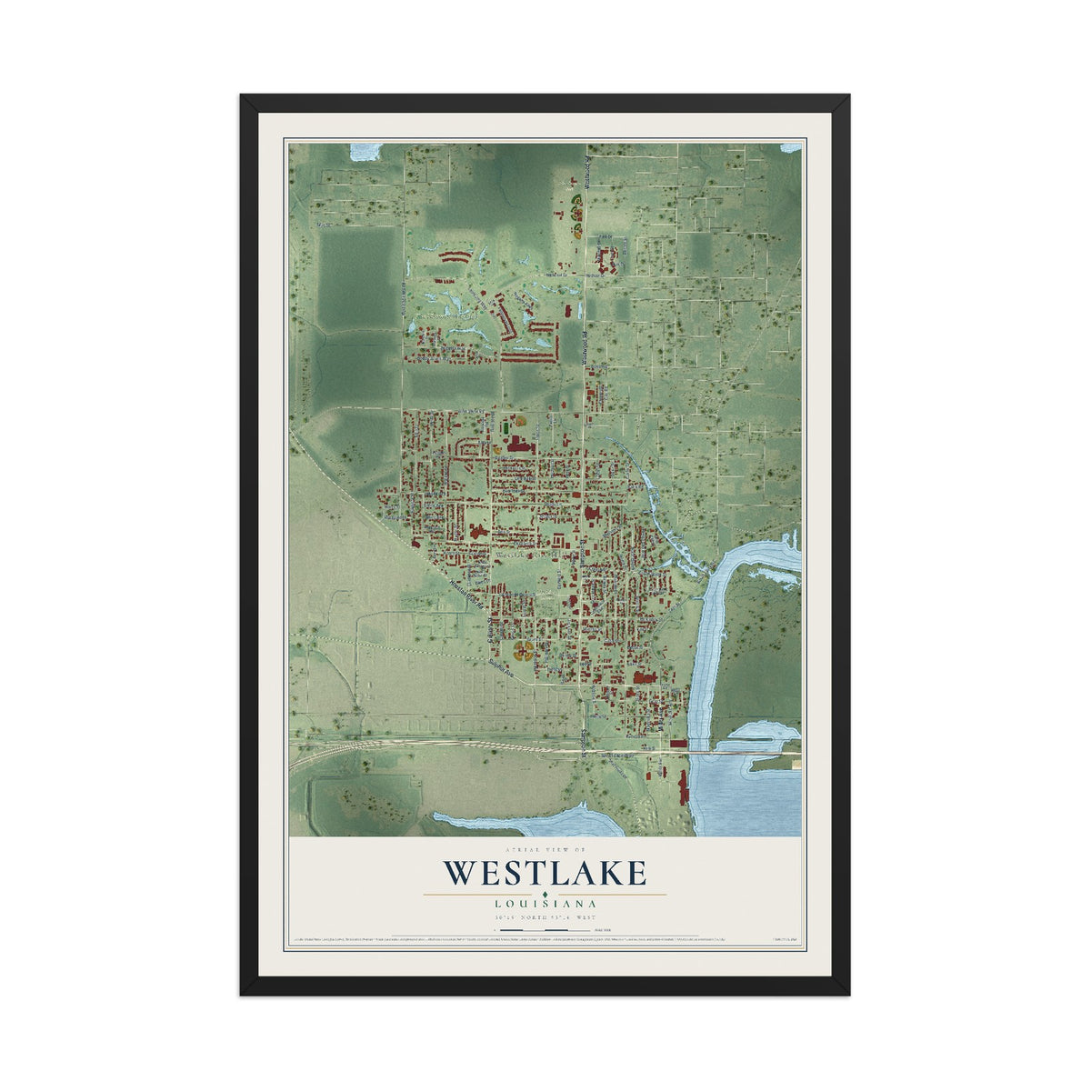 Map of Westlake, Louisiana, 12 x 18 inch print in a black wood frame