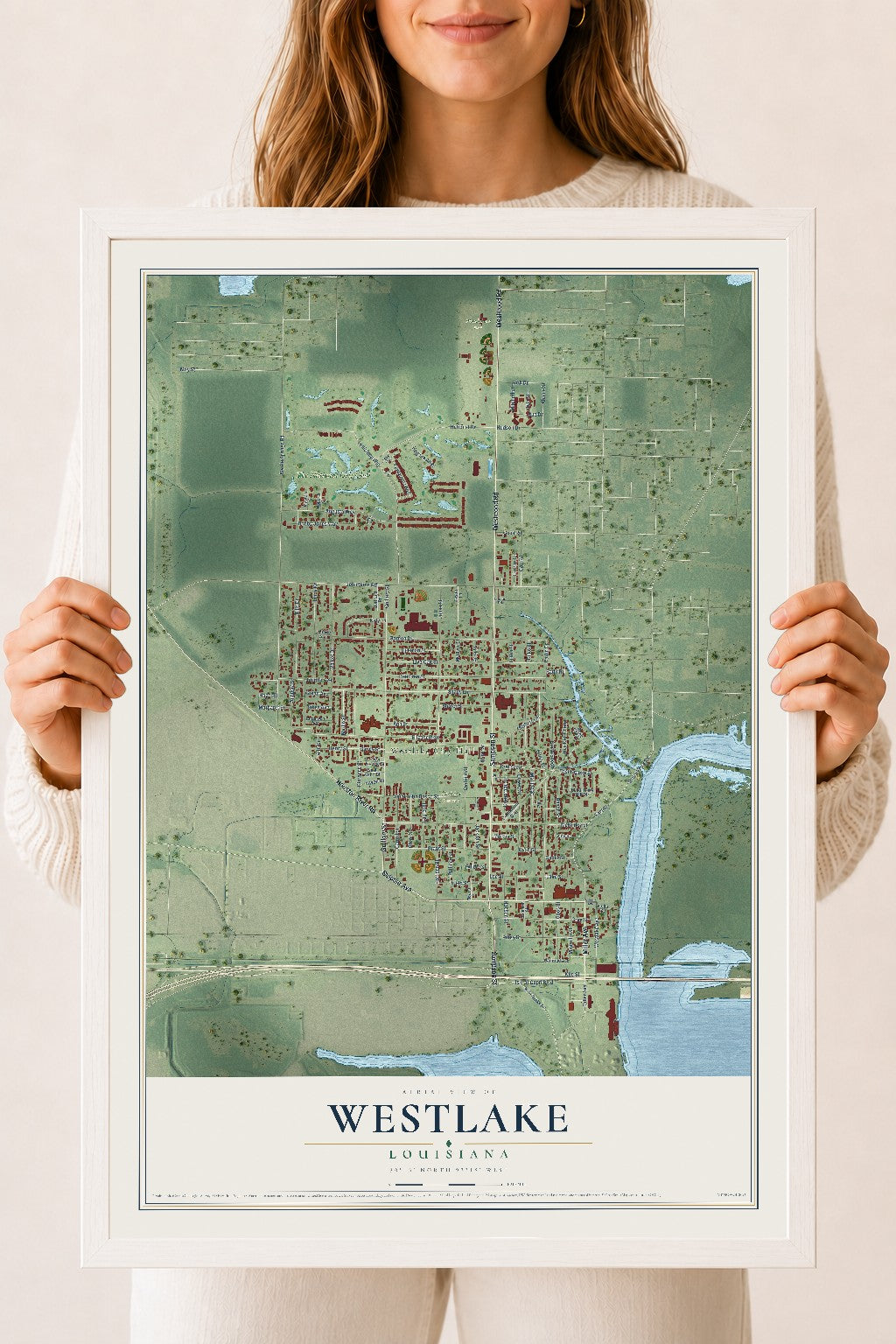 Map of Westlake, Louisiana, 18 x 24 inch print in a white wood frame