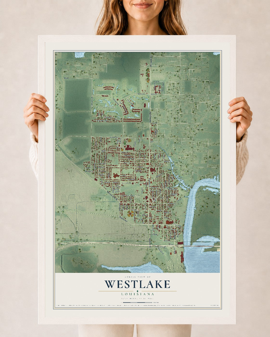 Map of Westlake, Louisiana, 24 x 36 inch print in a white wood frame
