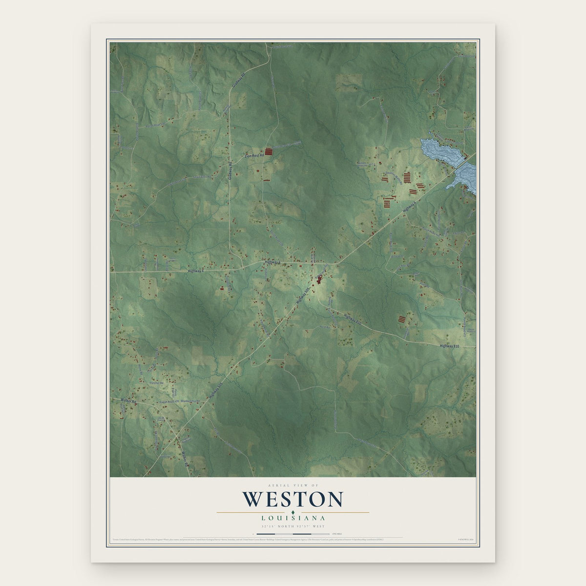 Weston, Louisiana map print, the full design
