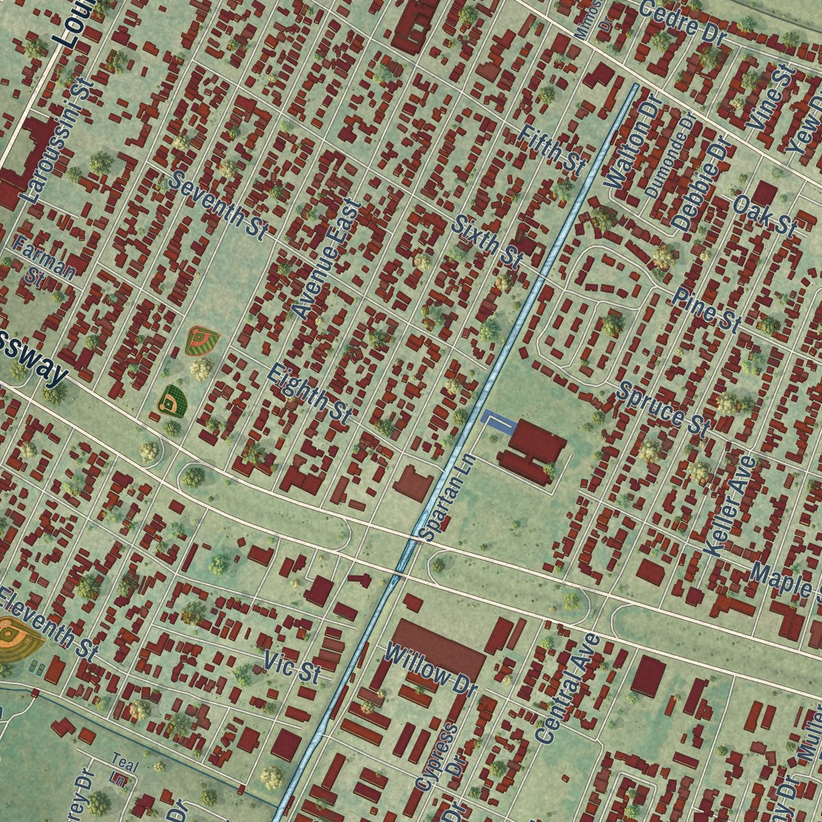Close-up of the map of Westwego, Louisiana print showing street and building detail