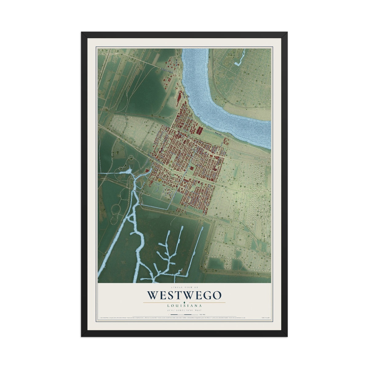 Map of Westwego, Louisiana, 12 x 18 inch print in a black wood frame