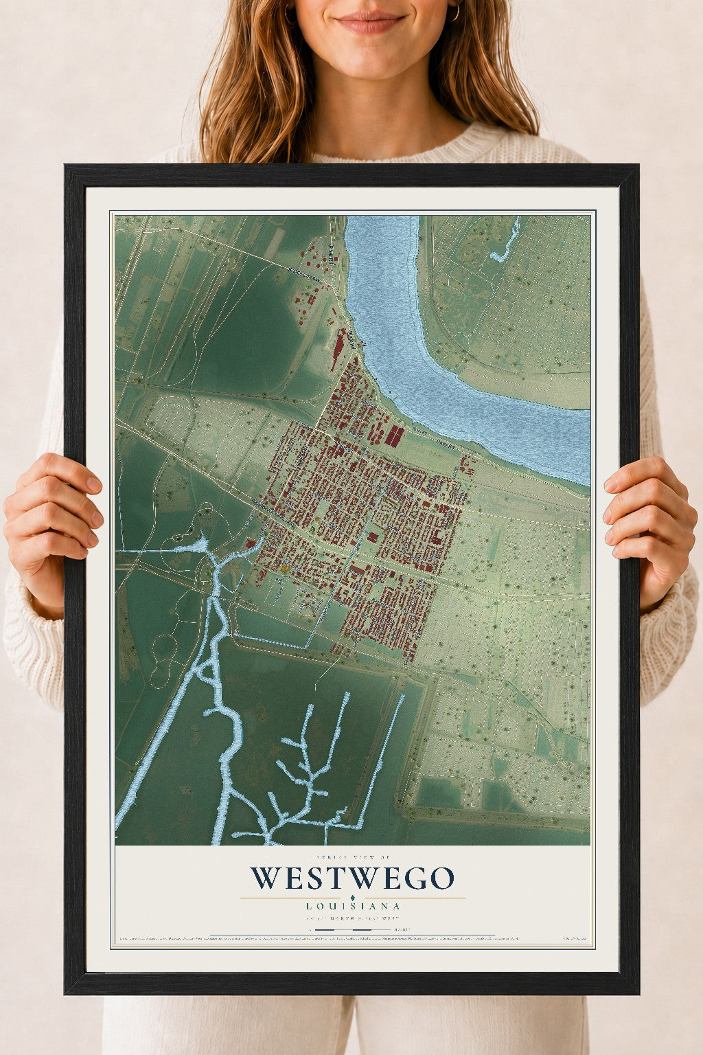 Map of Westwego, Louisiana, 18 x 24 inch print in a black wood frame