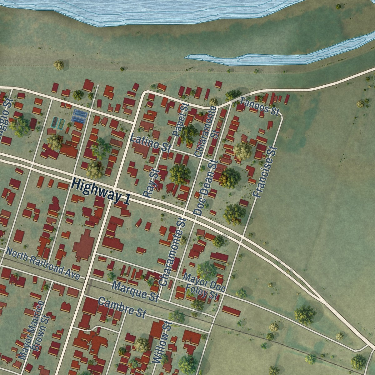 Close-up of the map of White Castle, Louisiana print showing street and building detail