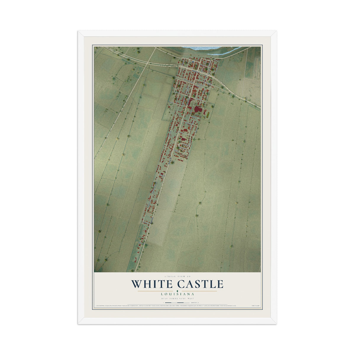 Map of White Castle, Louisiana, 12 x 18 inch print in a white wood frame