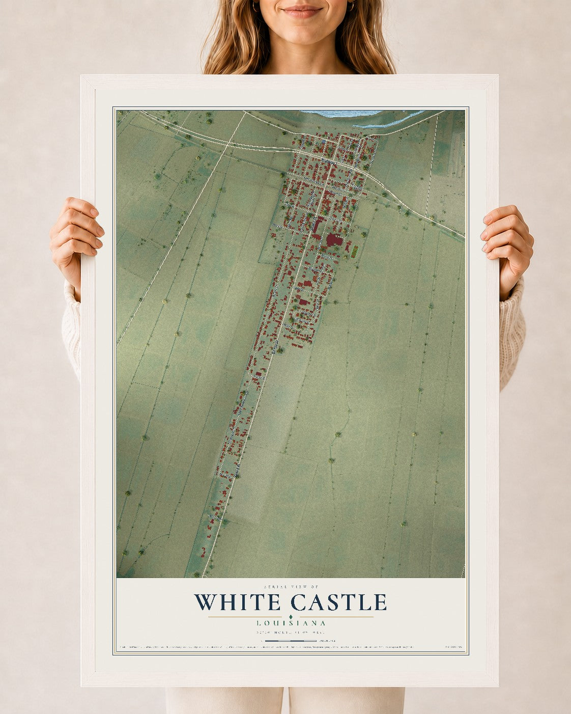 Map of White Castle, Louisiana, 24 x 36 inch print in a white wood frame