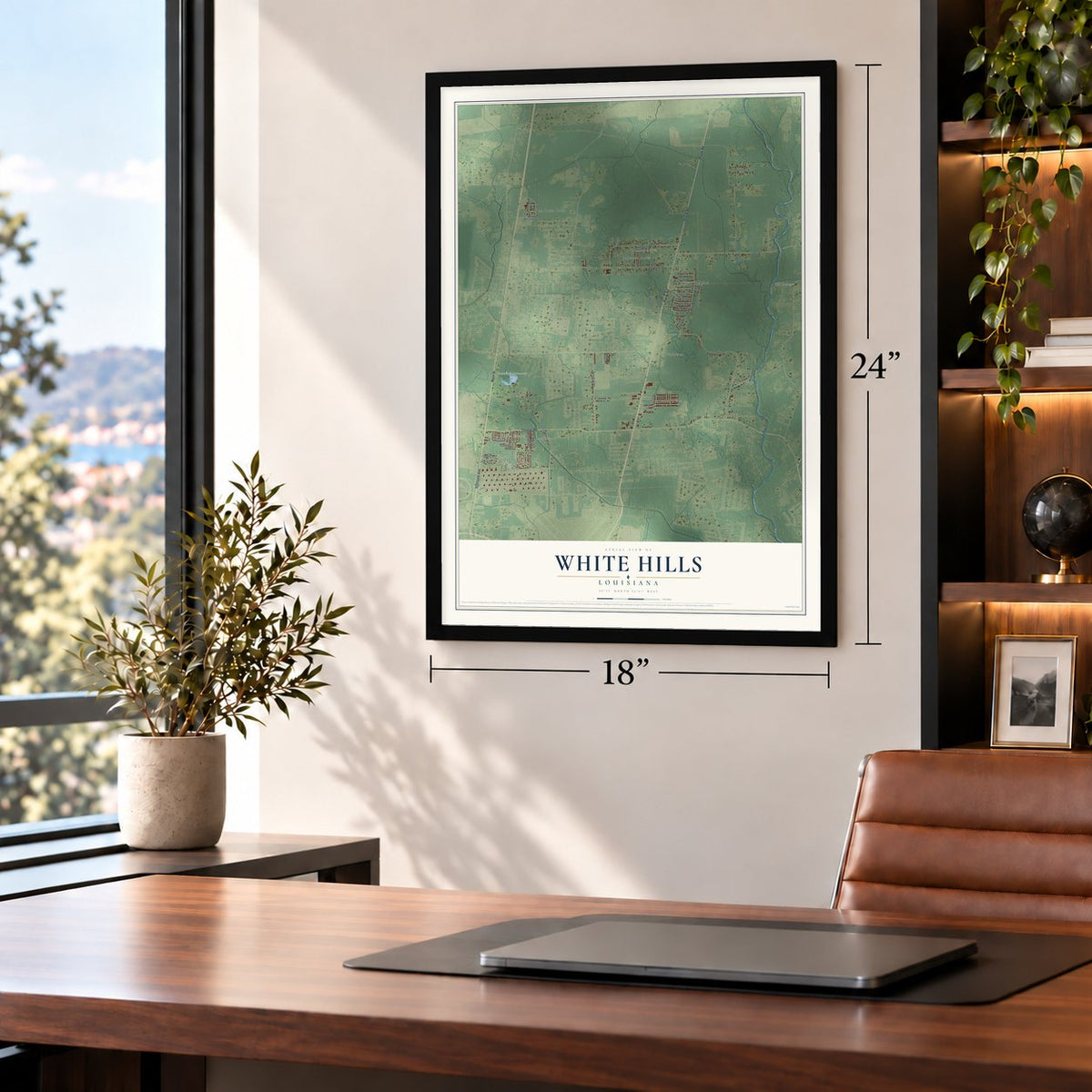 White Hills, Louisiana map, 18 x 24 inch print in a black frame in a home office