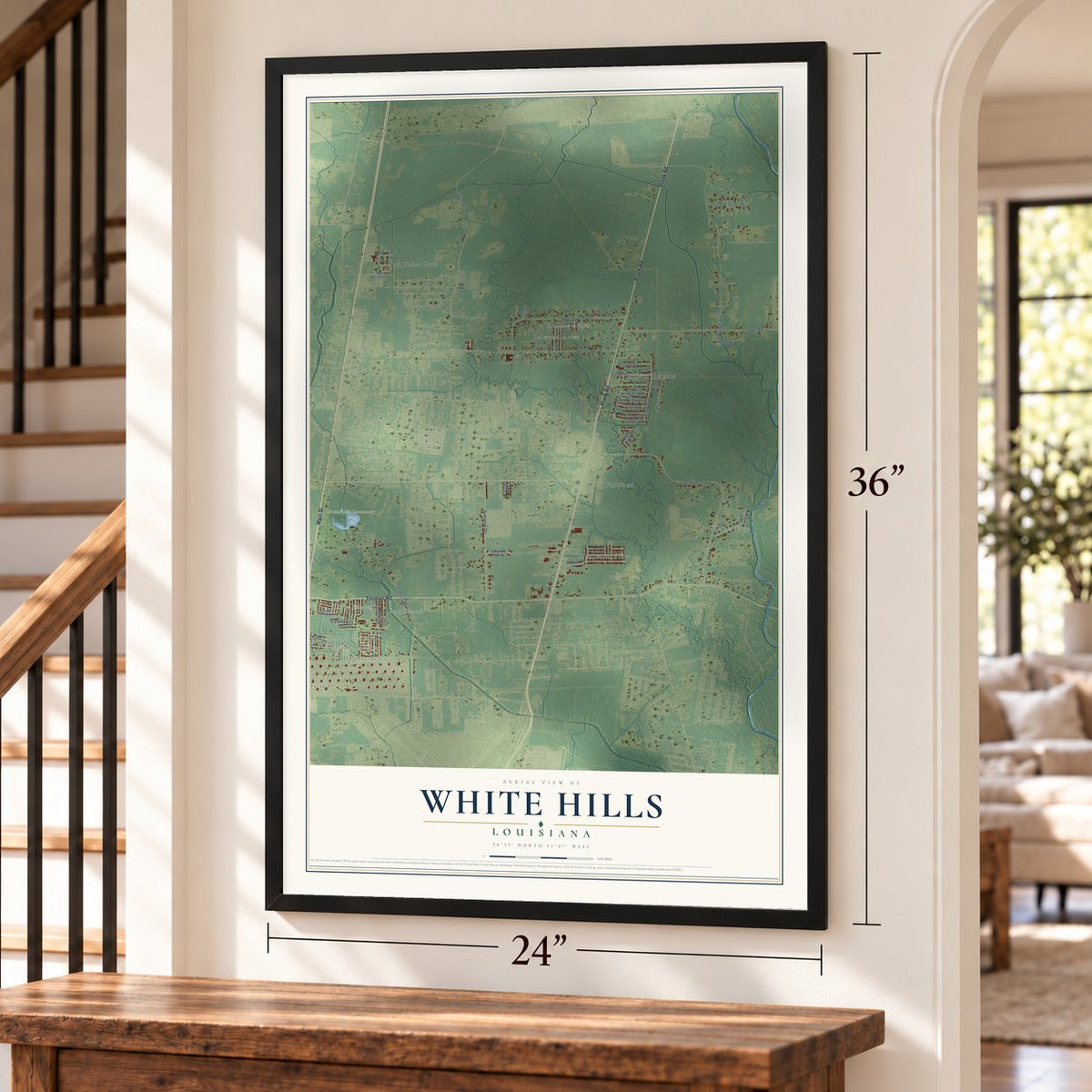 White Hills, Louisiana map, 24 x 36 inch print in a black frame by a staircase
