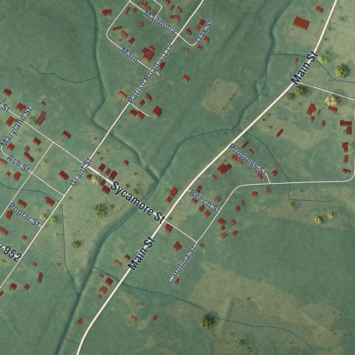 Close-up of the map of Wilson, Louisiana print showing street and building detail