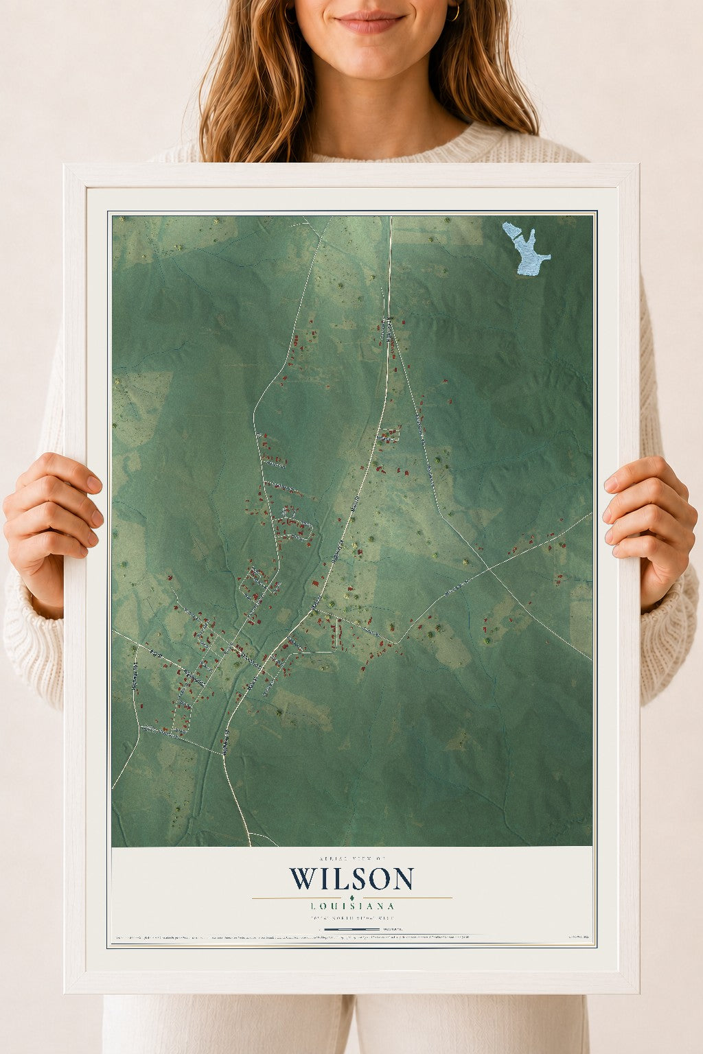 Map of Wilson, Louisiana, 18 x 24 inch print in a white wood frame