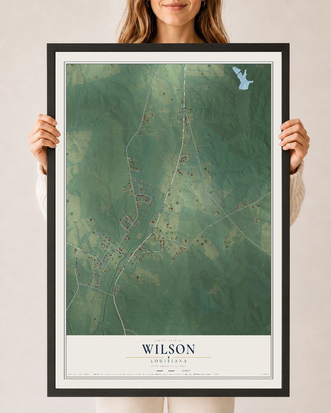 Map of Wilson, Louisiana, 24 x 36 inch print in a black wood frame