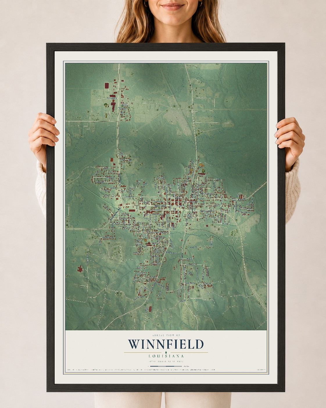 Map of Winnfield, Louisiana, 24 x 36 inch print in a black wood frame