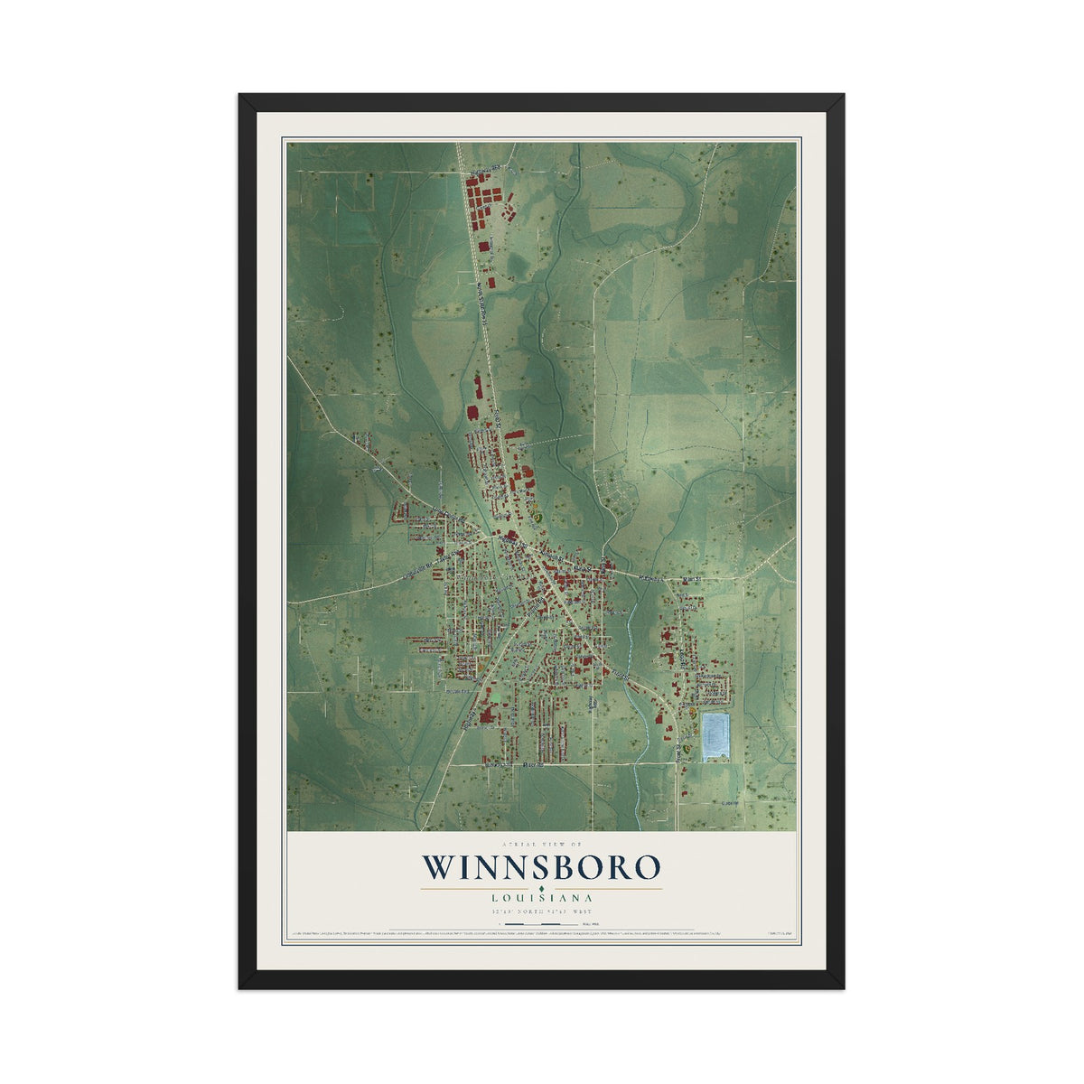 Map of Winnsboro, Louisiana, 12 x 18 inch print in a black wood frame