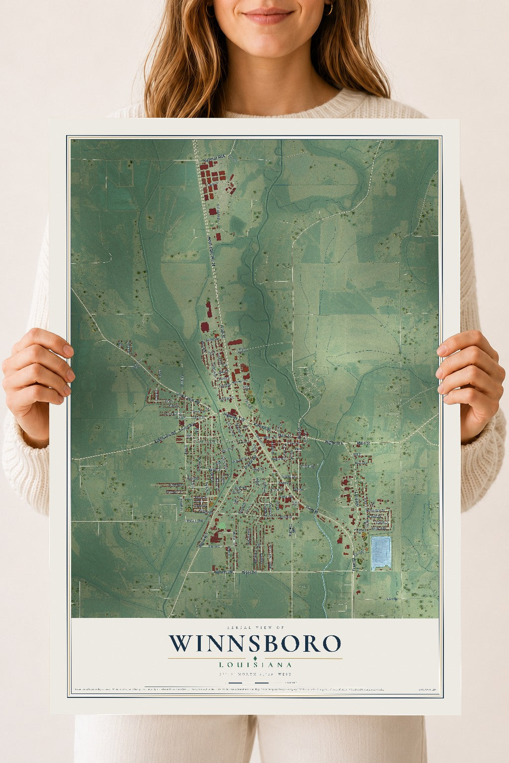 Map of Winnsboro, Louisiana, 18 x 24 inch unframed archival matte print
