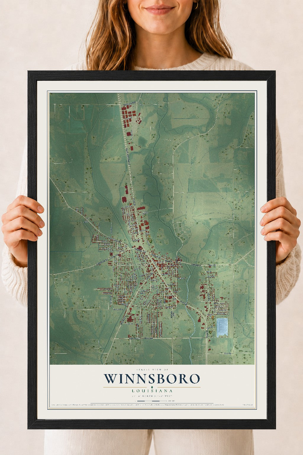 Map of Winnsboro, Louisiana, 18 x 24 inch print in a black wood frame