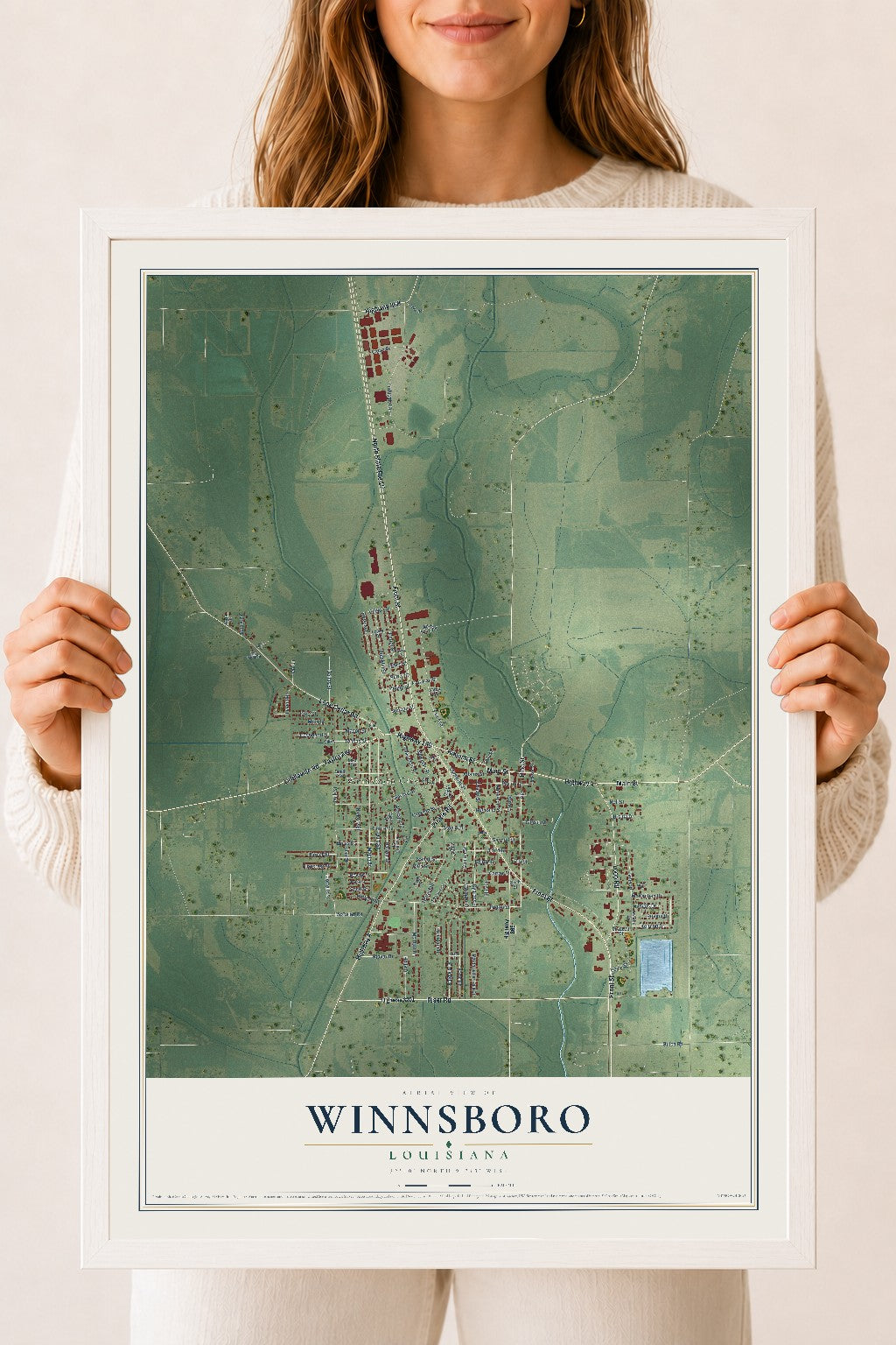 Map of Winnsboro, Louisiana, 18 x 24 inch print in a white wood frame