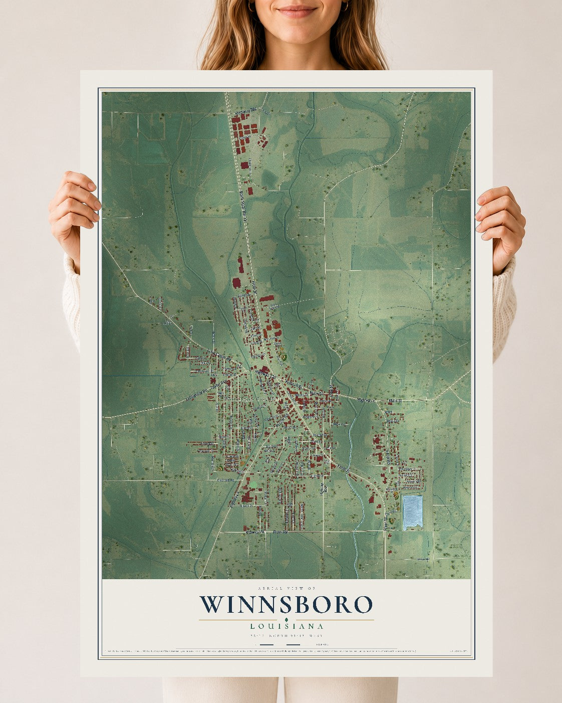 Map of Winnsboro, Louisiana, 24 x 36 inch unframed archival matte print