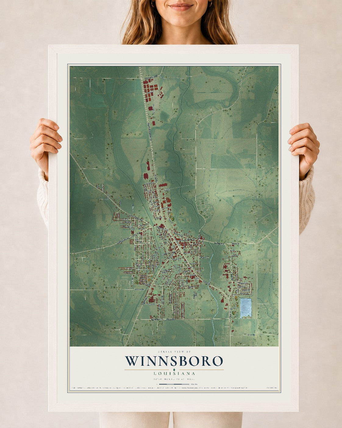 Map of Winnsboro, Louisiana, 24 x 36 inch print in a white wood frame