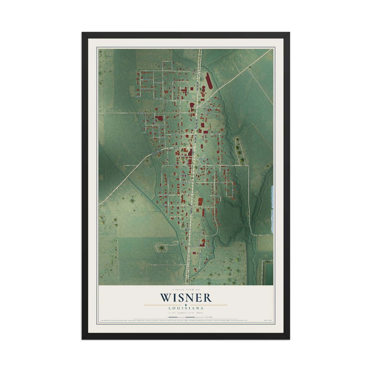 Map of Wisner, Louisiana, 12 x 18 inch print in a black wood frame