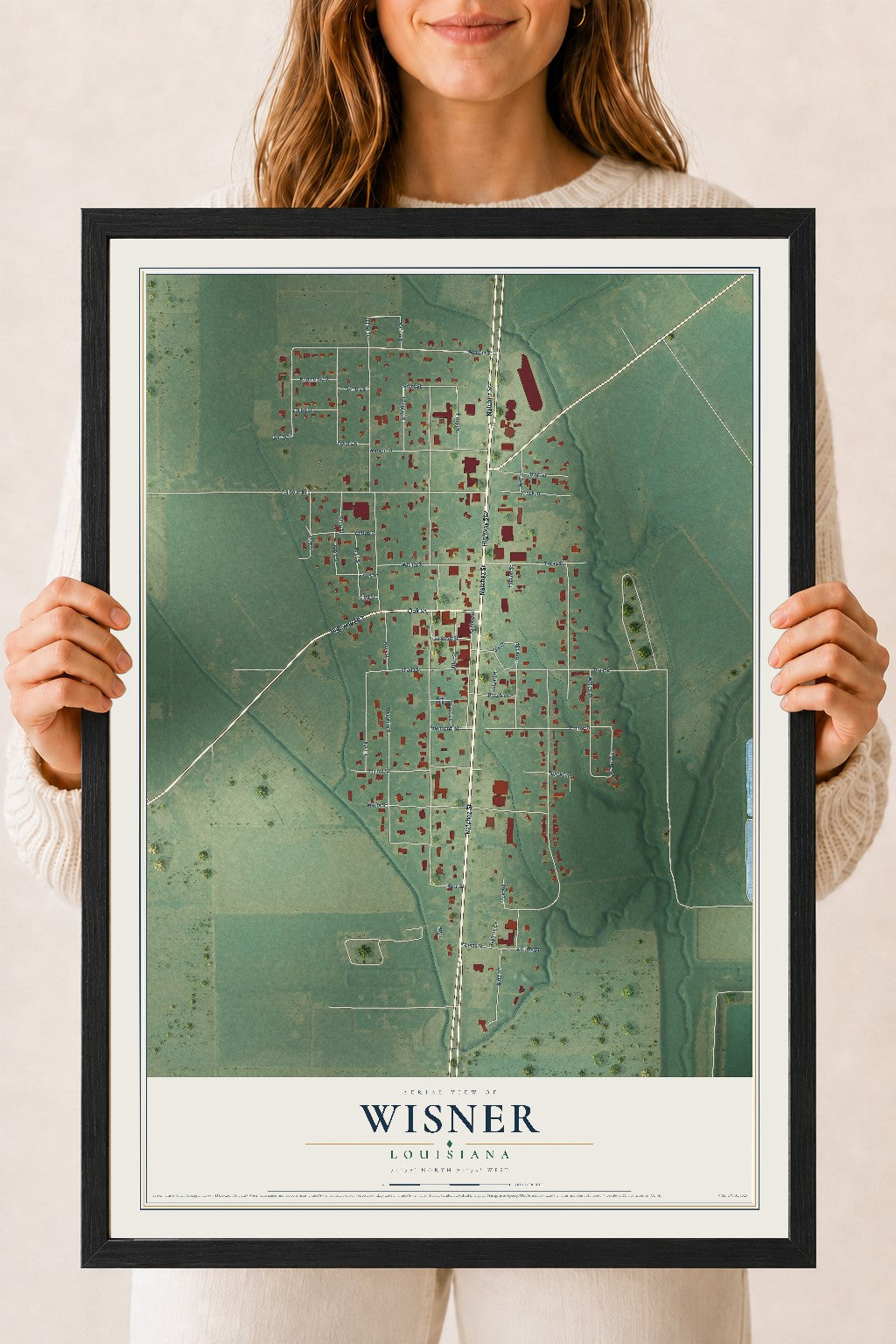 Map of Wisner, Louisiana, 18 x 24 inch print in a black wood frame