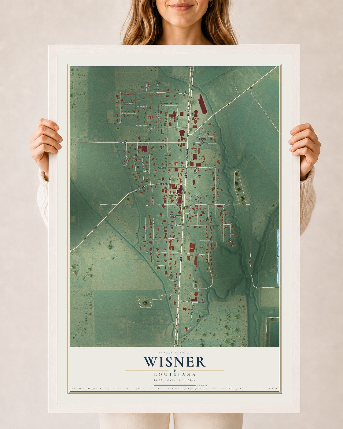 Map of Wisner, Louisiana, 24 x 36 inch print in a white wood frame