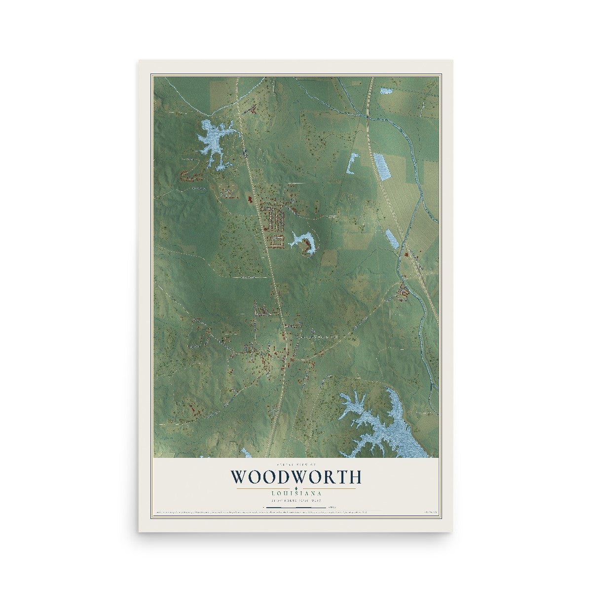 Map of Woodworth, Louisiana, 12 x 18 inch unframed archival matte print