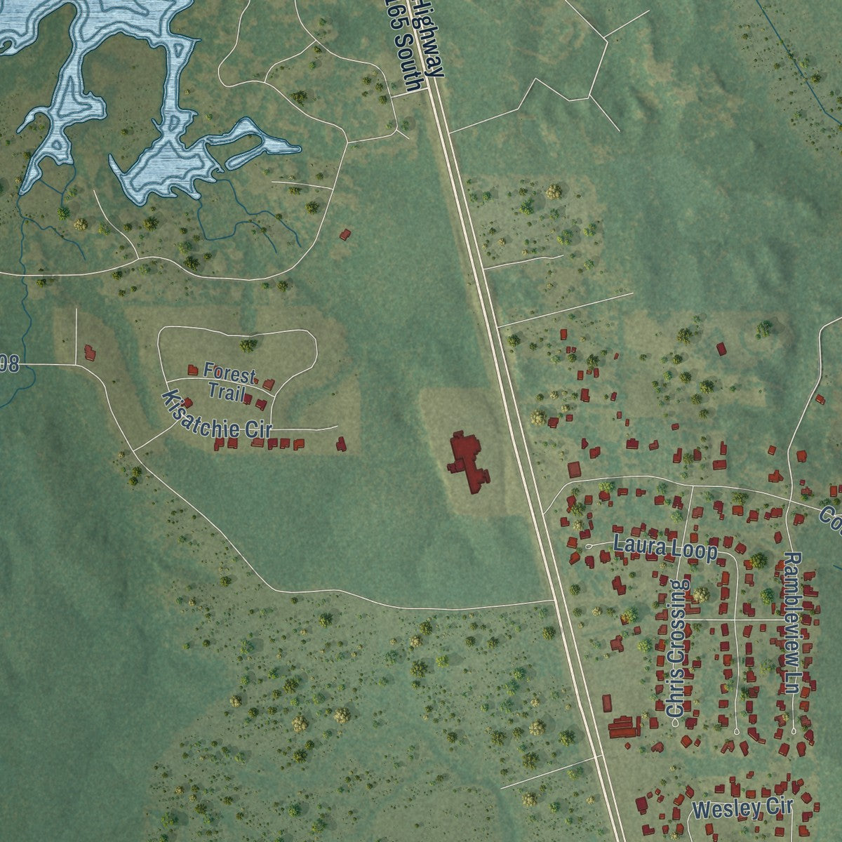 Second close-up of the map of Woodworth, Louisiana print showing more streets and buildings