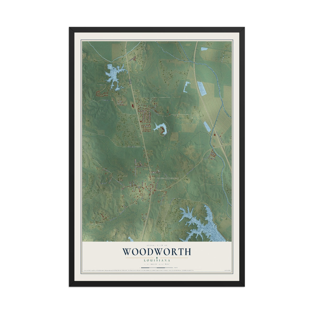 Map of Woodworth, Louisiana, 12 x 18 inch print in a black wood frame