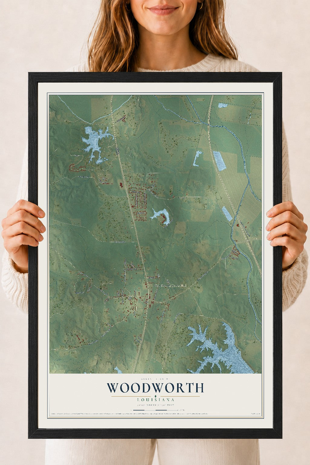 Map of Woodworth, Louisiana, 18 x 24 inch print in a black wood frame
